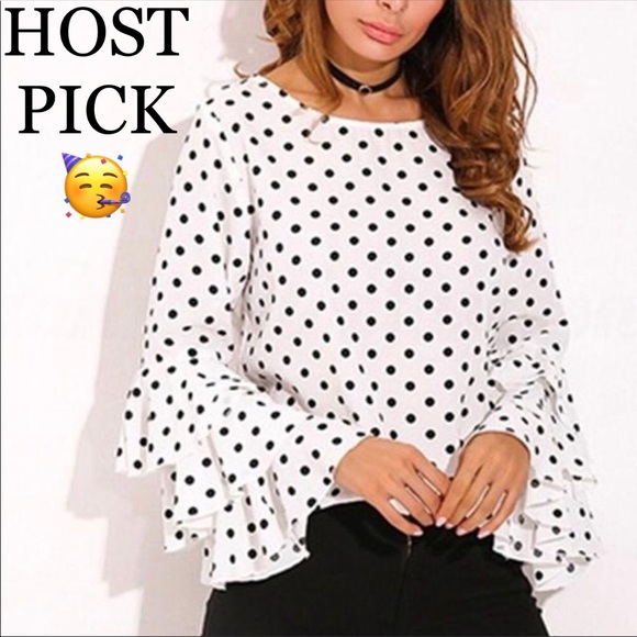 Paradise Boutique Tops - Bell Ruffle Sleeve Blk Polka Dot Blouse